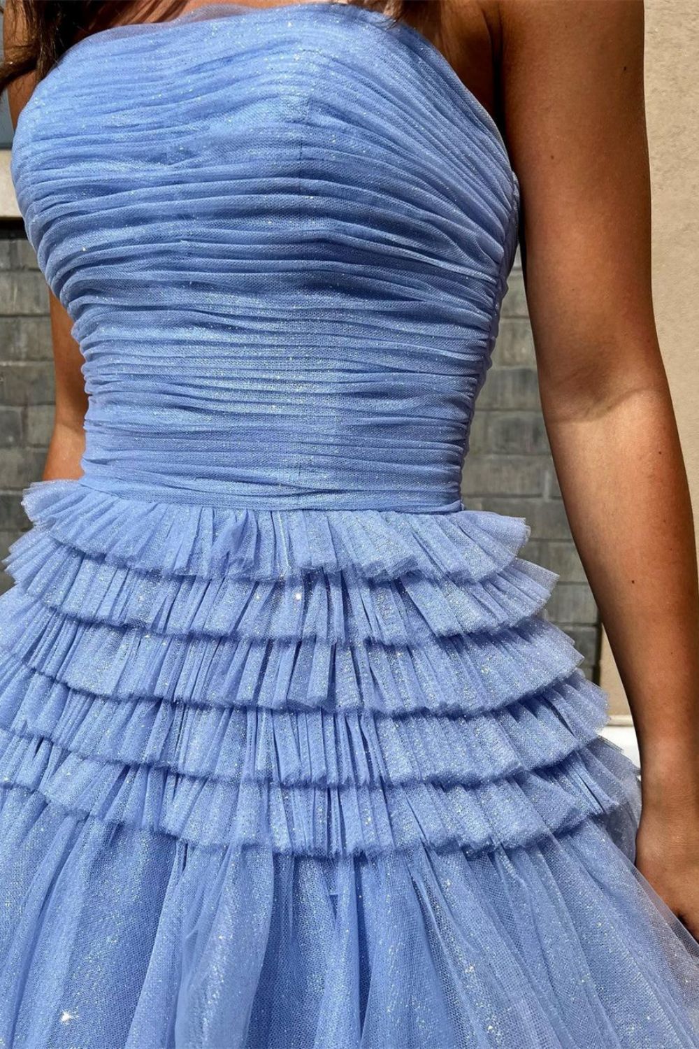 A Line Strapless Long Prom Dress with Ruffles
