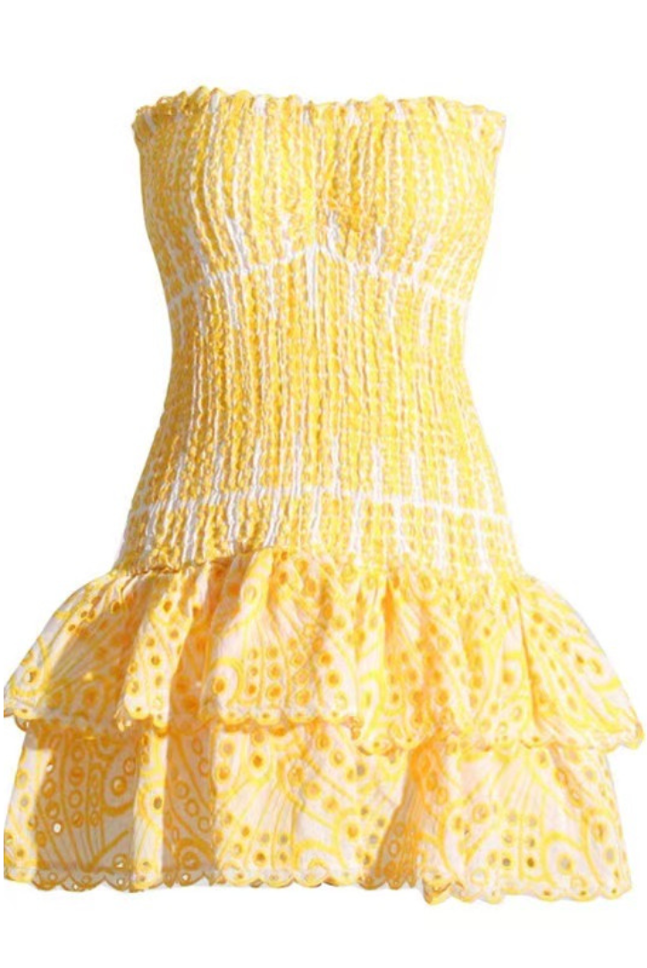 Yellow Casual Summer Strapless Ruffle Mini Dress