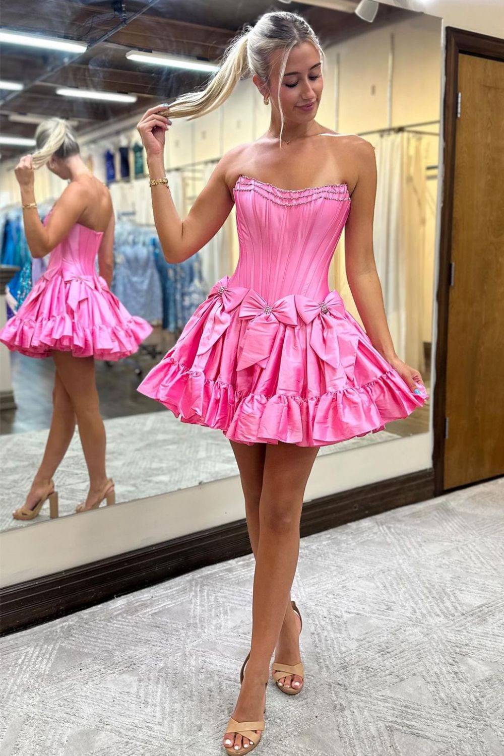 A-Line Strapless Short Satin Homecoming Dress