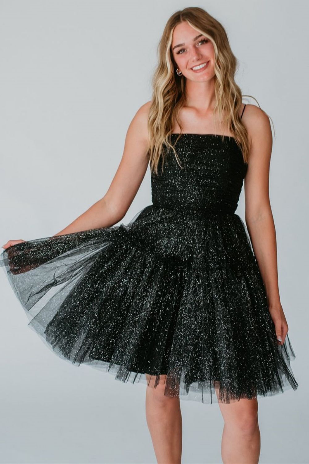 Glitter Black Lace Up Short Tulle Homecoming Dress