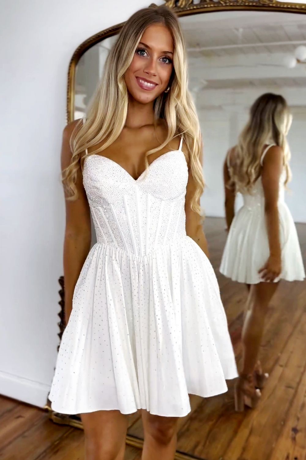 Glitter White A-Line Short Beaded Homecoming Dress