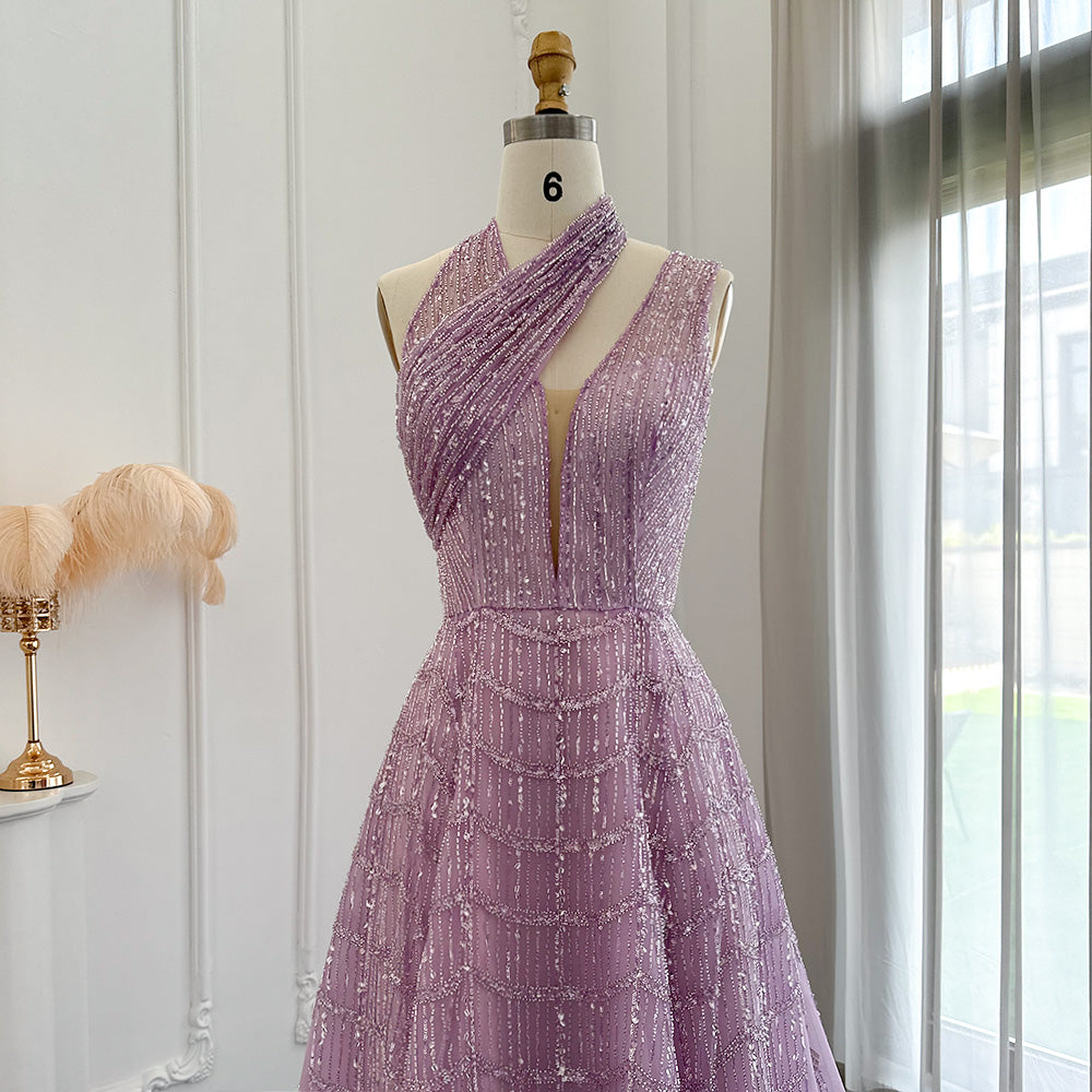 Luxury Beaded Lilac Halter One Shoulder Evening Dress