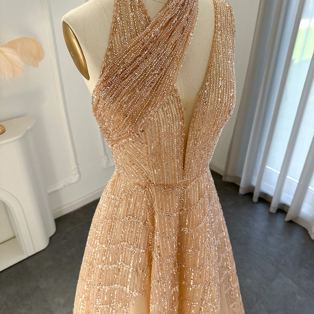 Luxury Beaded Lilac Halter One Shoulder Evening Dress