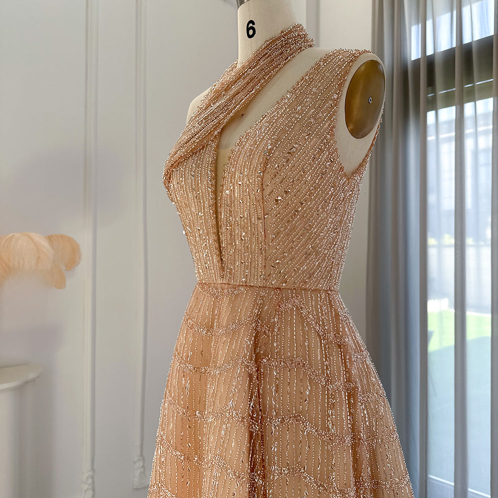 Luxury Beaded Lilac Halter One Shoulder Evening Dress