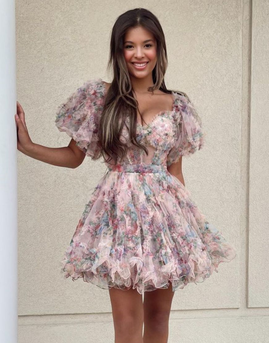 Cute A-Line Short Tulle Print Homecoming Dress