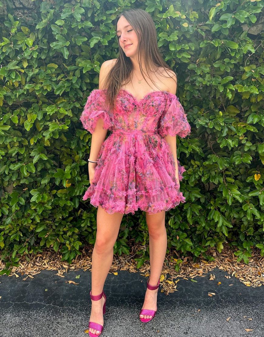 Cute A-Line Short Tulle Print Homecoming Dress