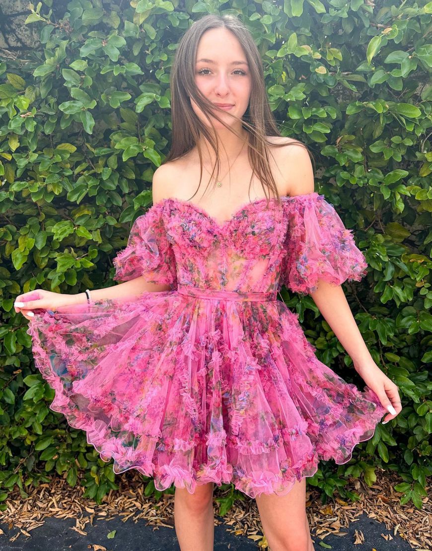 Cute A-Line Short Tulle Print Homecoming Dress
