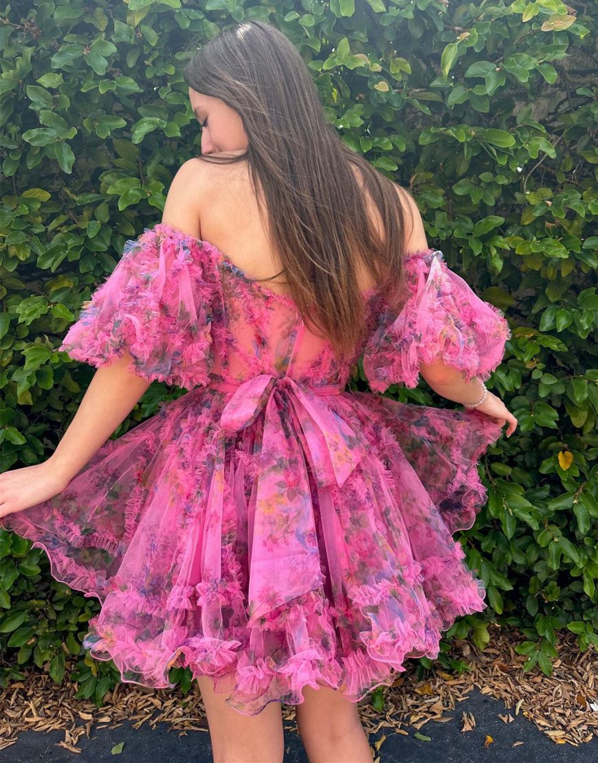 Cute A-Line Short Tulle Print Homecoming Dress