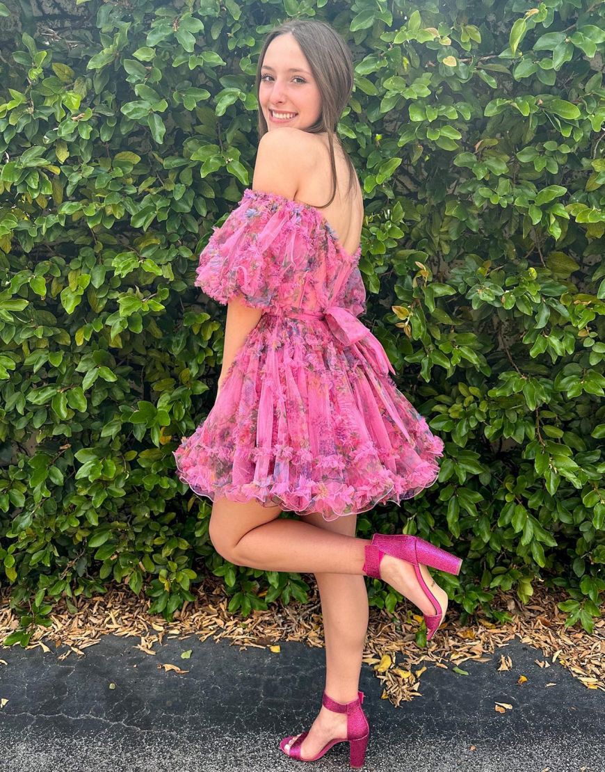Cute A-Line Short Tulle Print Homecoming Dress