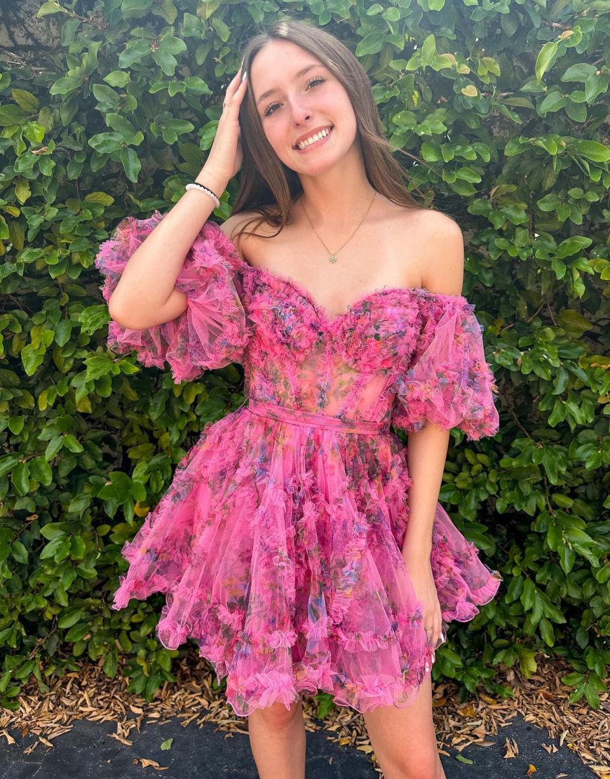 Cute A-Line Short Tulle Print Homecoming Dress