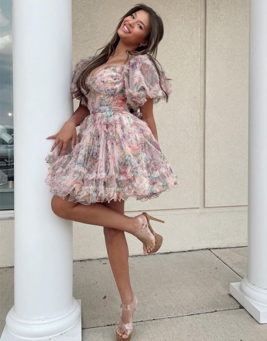 Cute A-Line Short Tulle Print Homecoming Dress