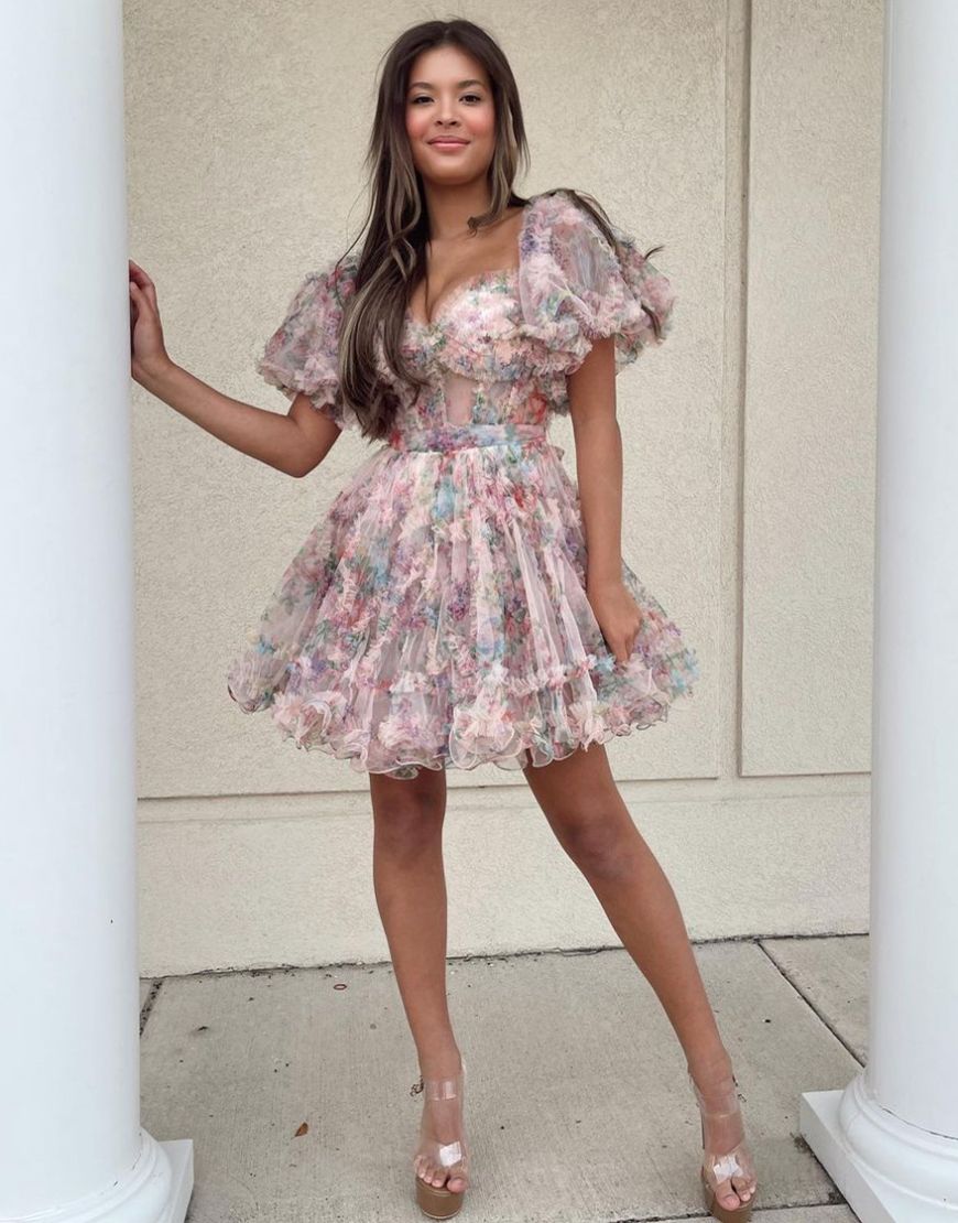 Cute A-Line Short Tulle Print Homecoming Dress