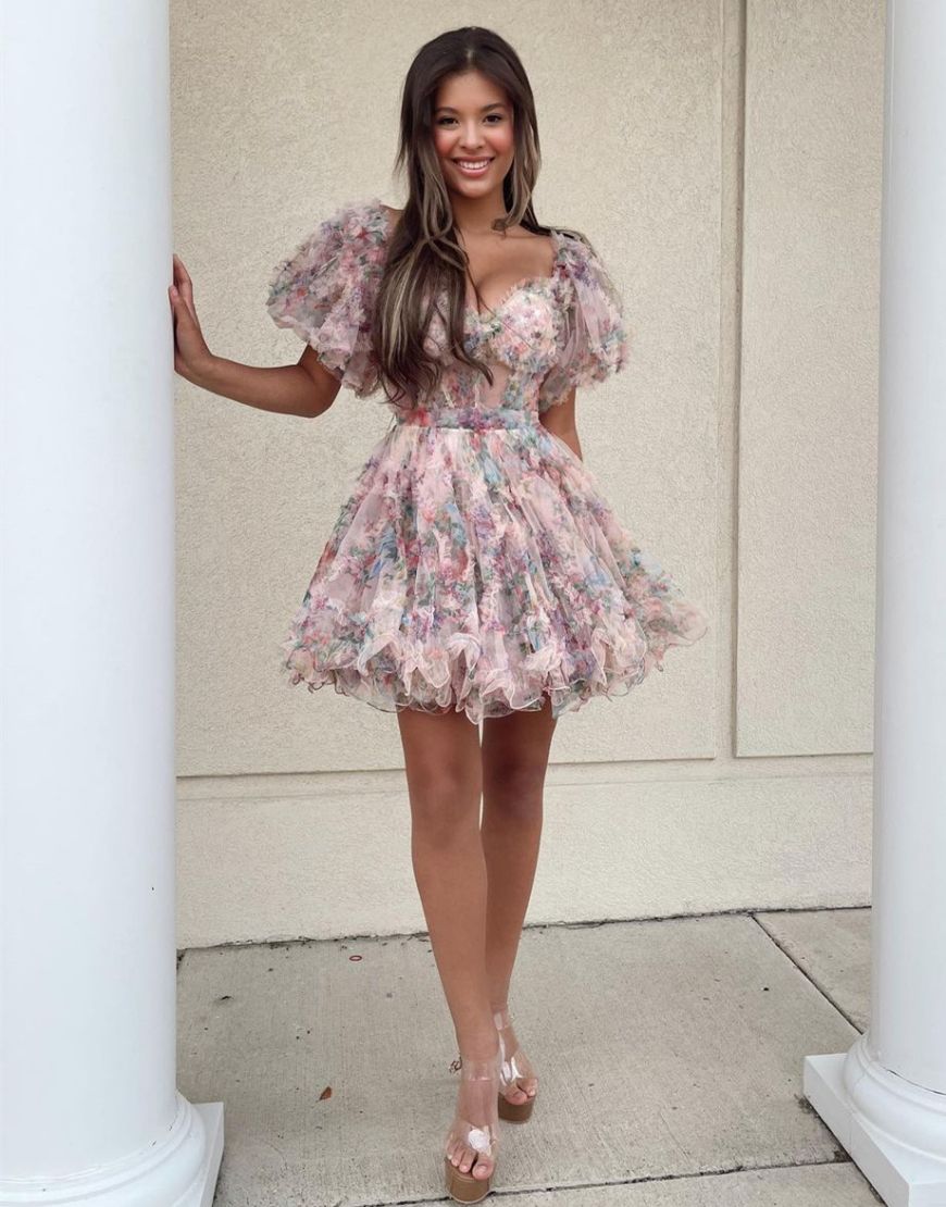 Cute A-Line Short Tulle Print Homecoming Dress