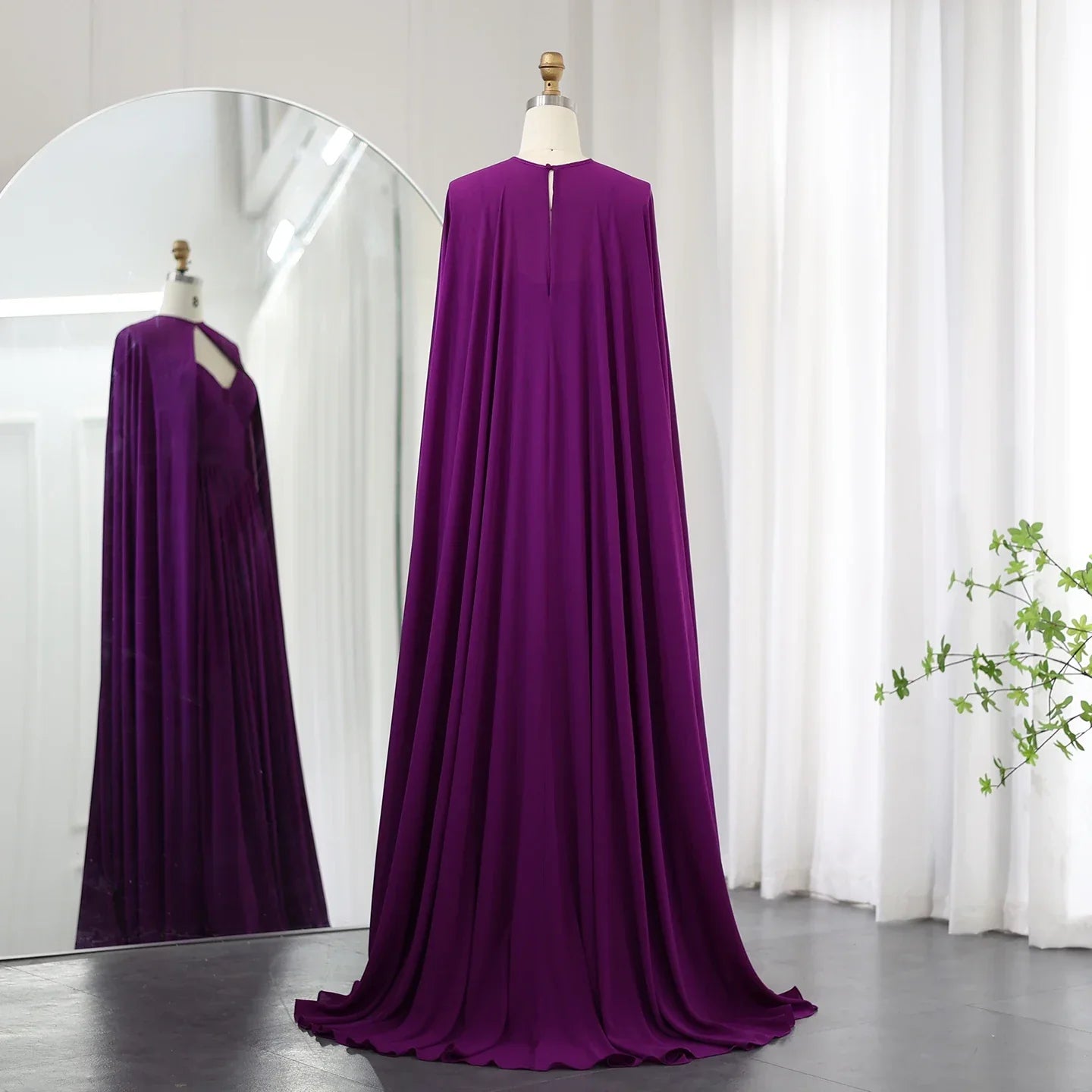 Elegant Purple Chiffon Evening Dress with Cape