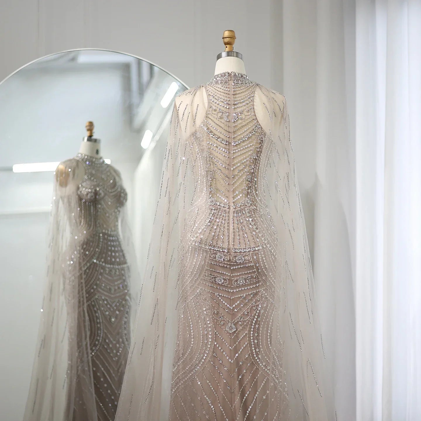 Luxury Champagne Evening Dress with Cape Sleeves
