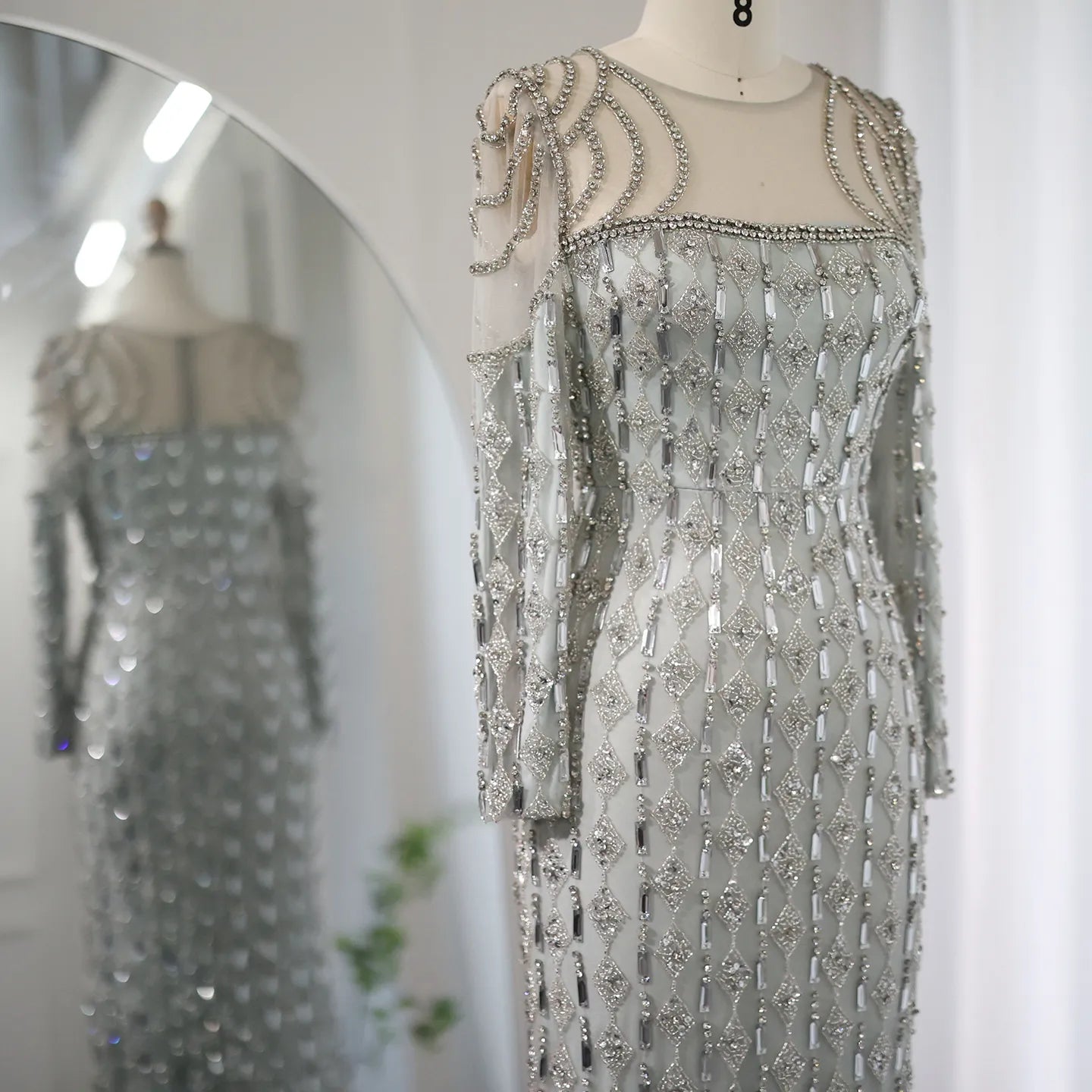 Luxury Sage Green Long Sleeves Mermaid Evening Dress