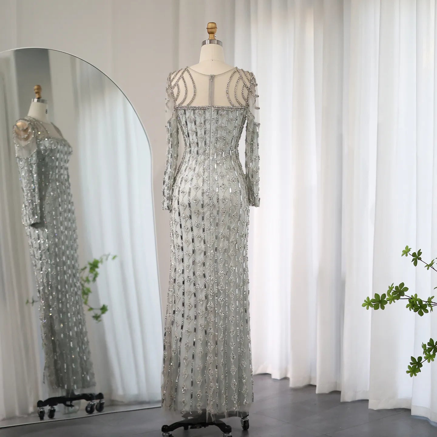 Luxury Sage Green Long Sleeves Mermaid Evening Dress