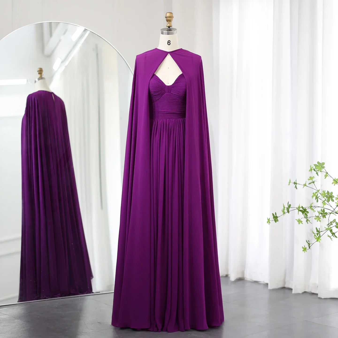 Elegant Purple Chiffon Evening Dress with Cape