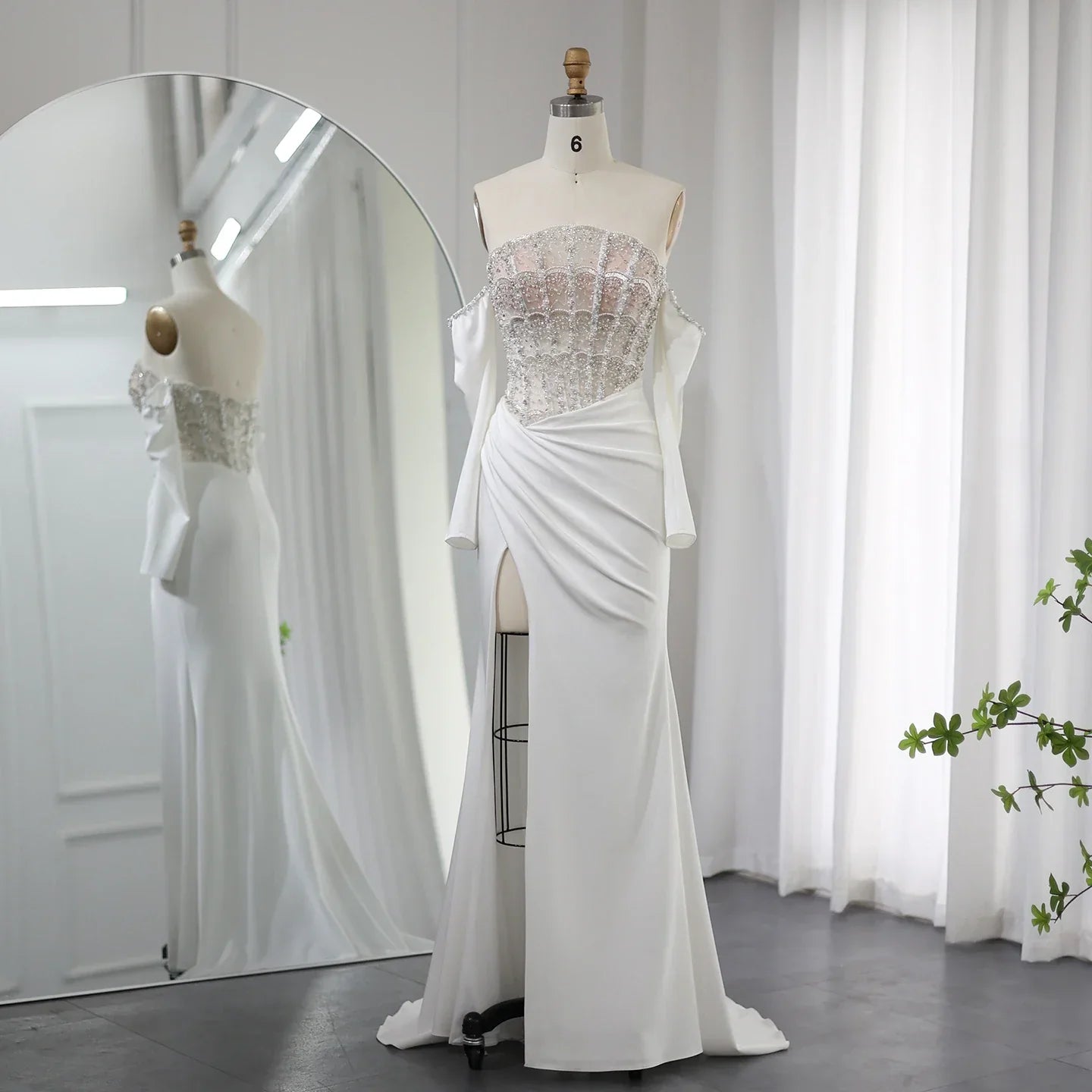 Luxury White Scalloped Evening Dress with High Slit