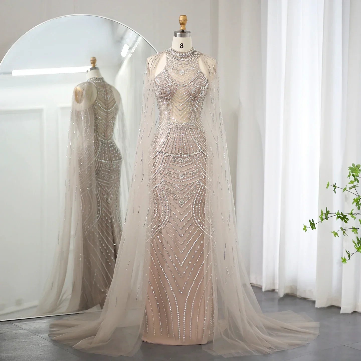 Luxury Champagne Evening Dress with Cape Sleeves