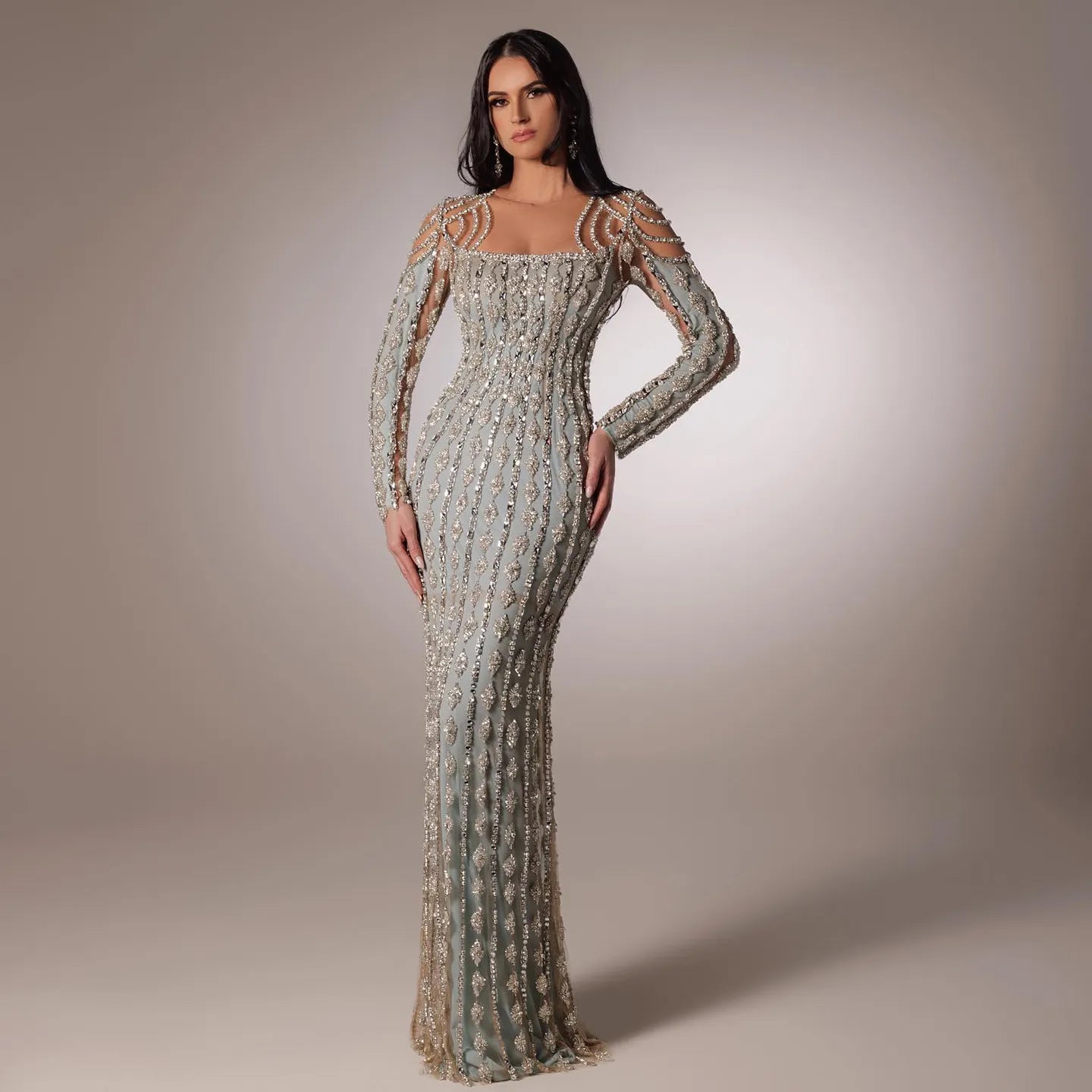 Luxury Sage Green Long Sleeves Mermaid Evening Dress