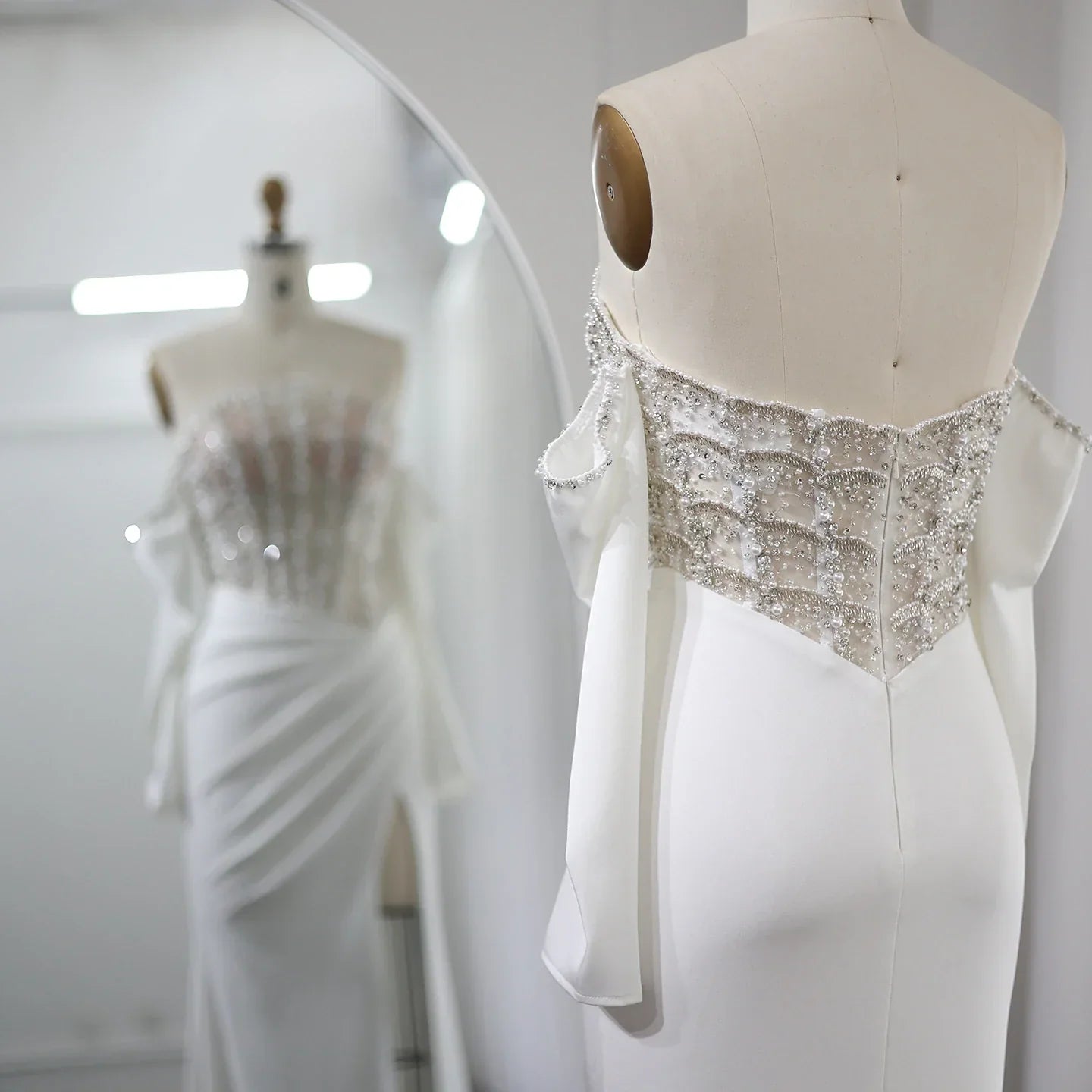 Luxury White Scalloped Evening Dress with High Slit