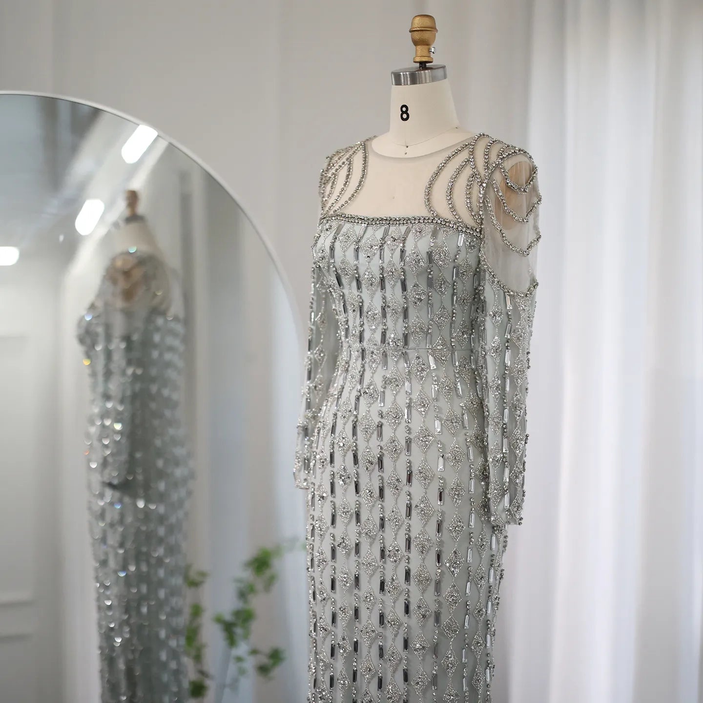 Luxury Sage Green Long Sleeves Mermaid Evening Dress