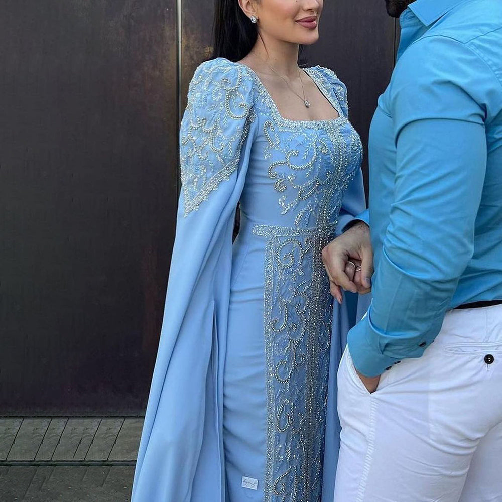 فستان سهرة إسلامي أزرق فاخر بأكمام كاب SS365
