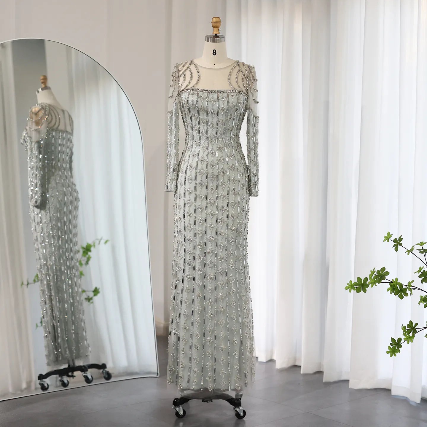 Luxury Sage Green Long Sleeves Mermaid Evening Dress
