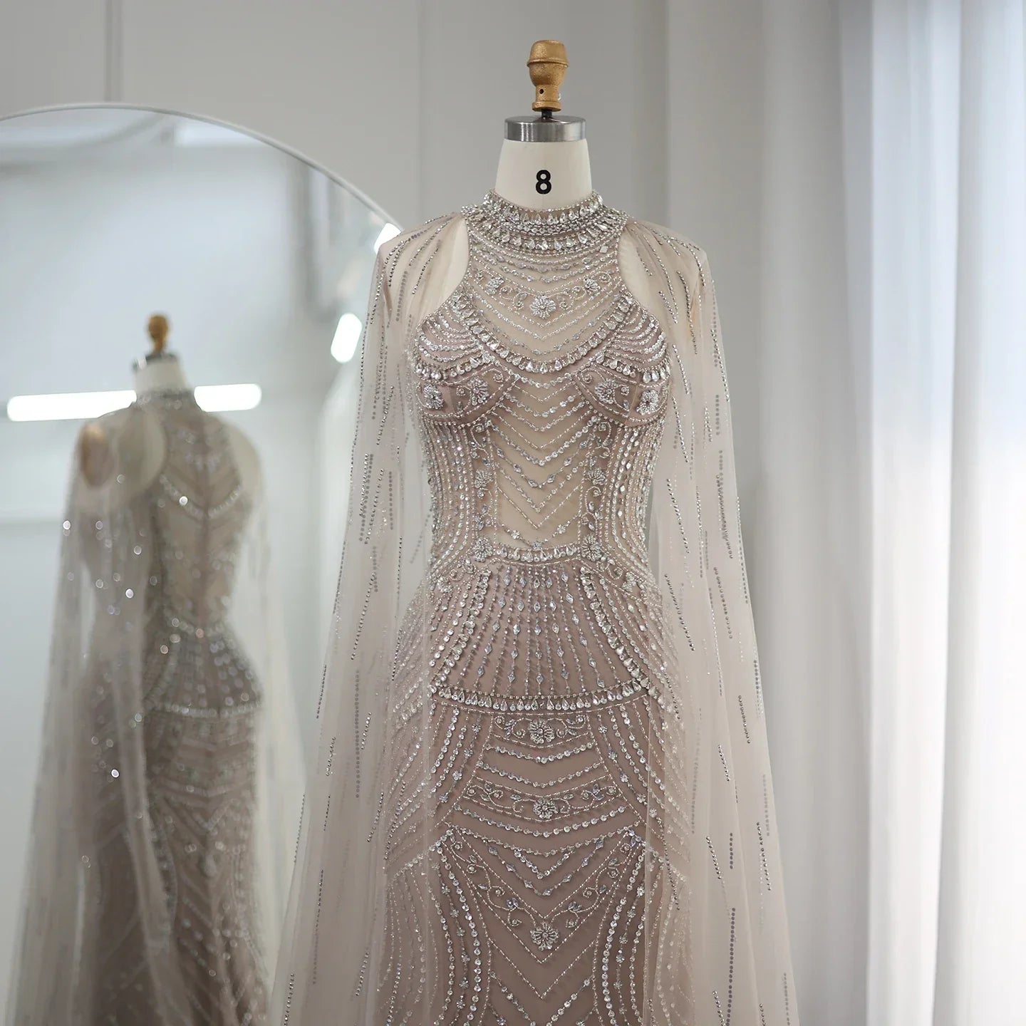 Luxury Champagne Evening Dress with Cape Sleeves