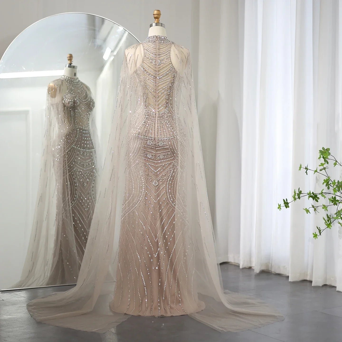 Luxury Champagne Evening Dress with Cape Sleeves