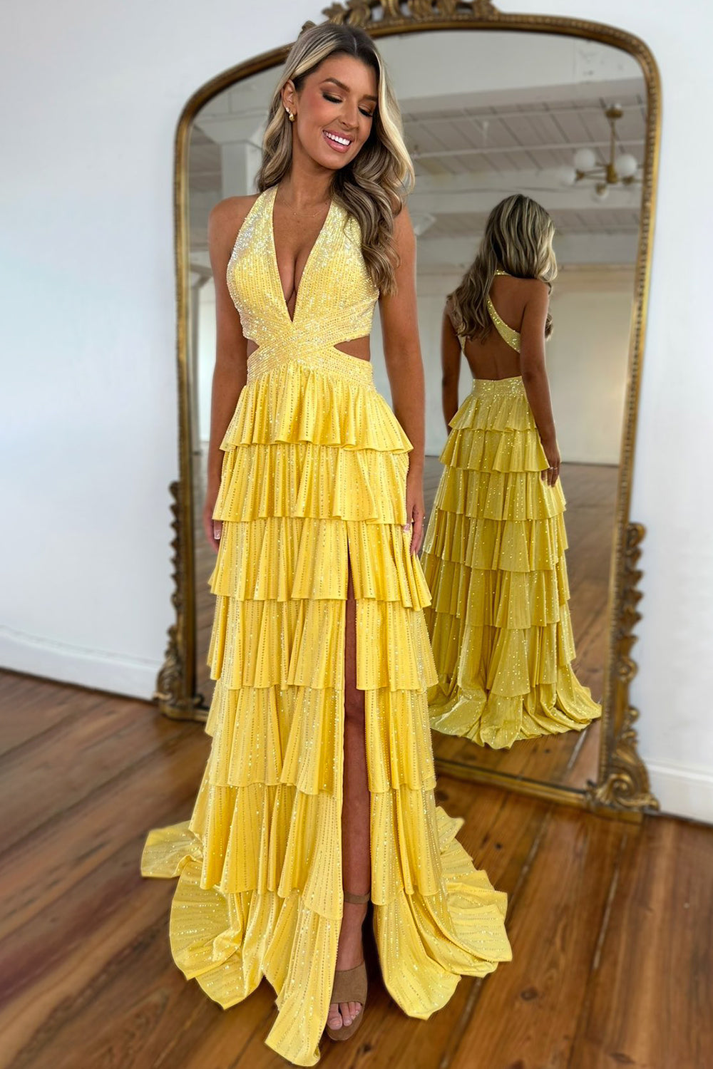 Luxurious Sparkly Mermaid Prom Dress with High Slit