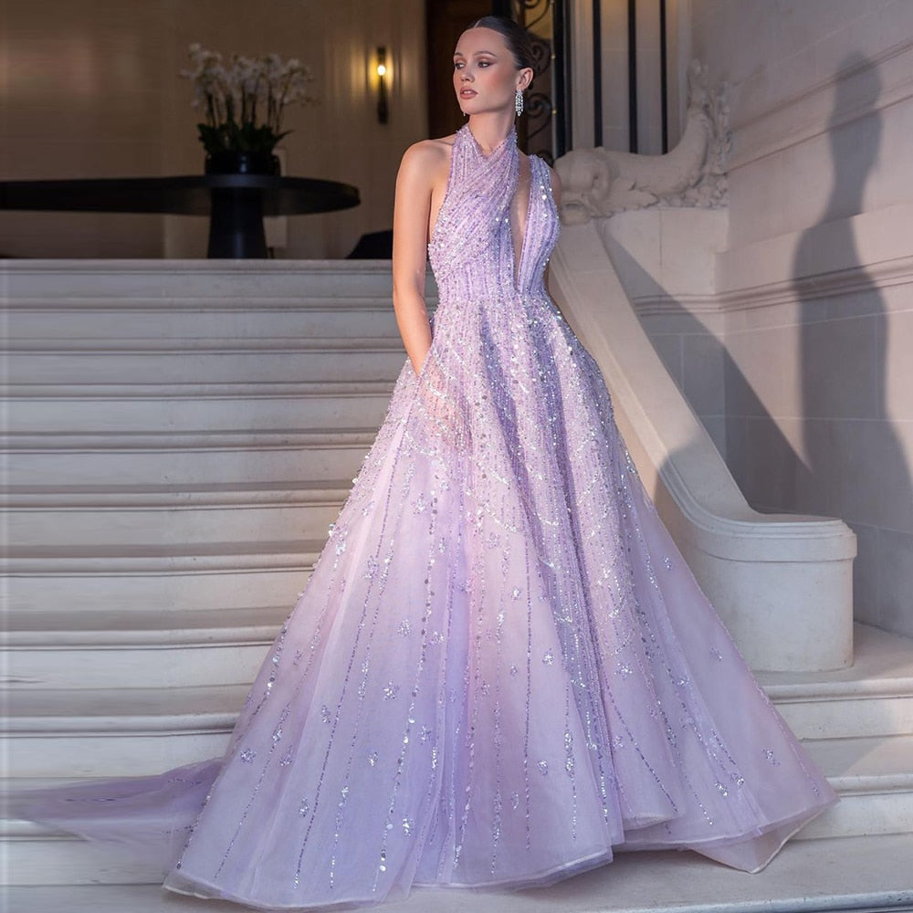 Luxury Beaded Lilac Halter One Shoulder Evening Dress