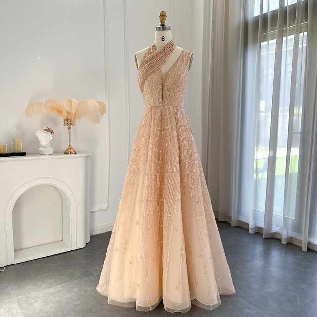 Luxury Beaded Lilac Halter One Shoulder Evening Dress
