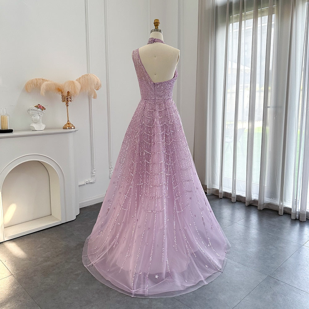 Luxury Beaded Lilac Halter One Shoulder Evening Dress