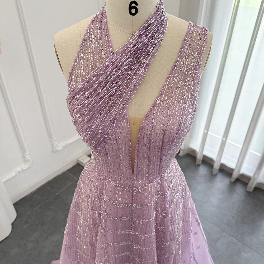 Luxury Beaded Lilac Halter One Shoulder Evening Dress