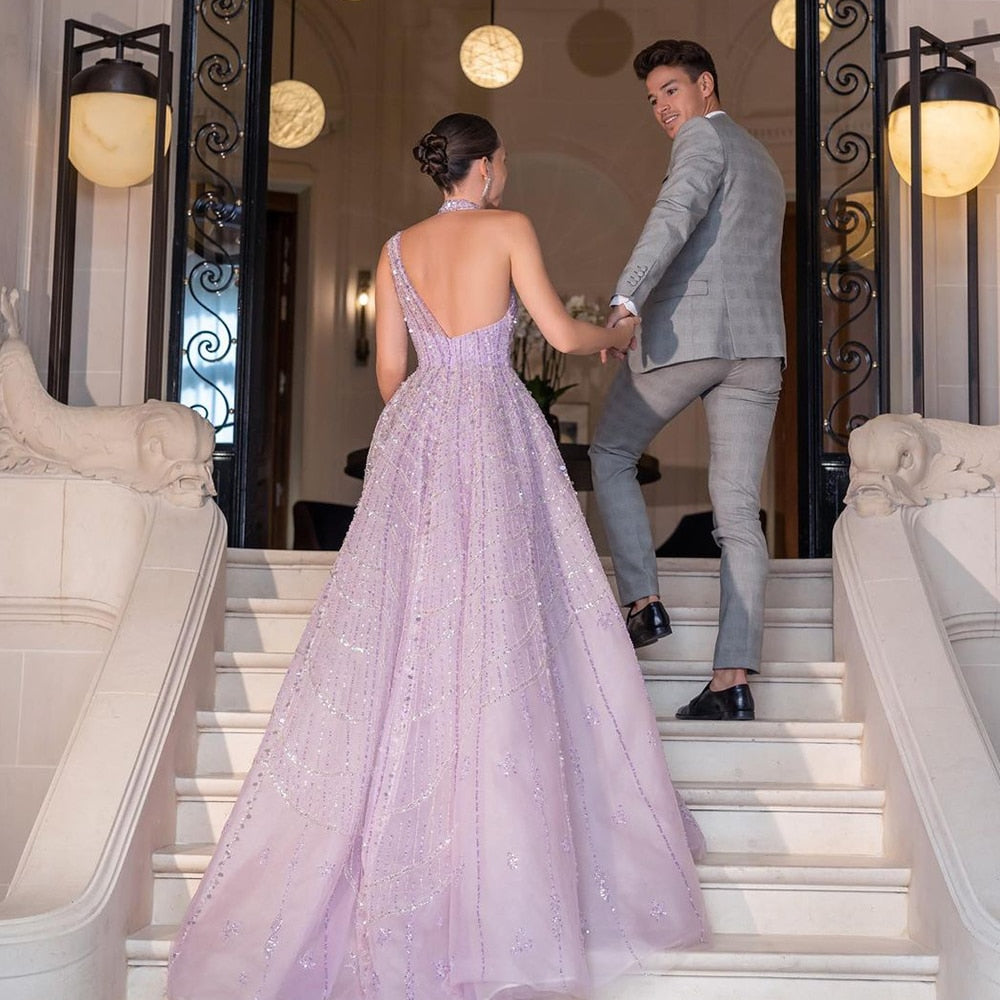 Luxury Beaded Lilac Halter One Shoulder Evening Dress