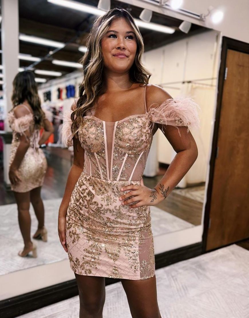 Sparkly Bodycon Short Homecoming Dress With Feather