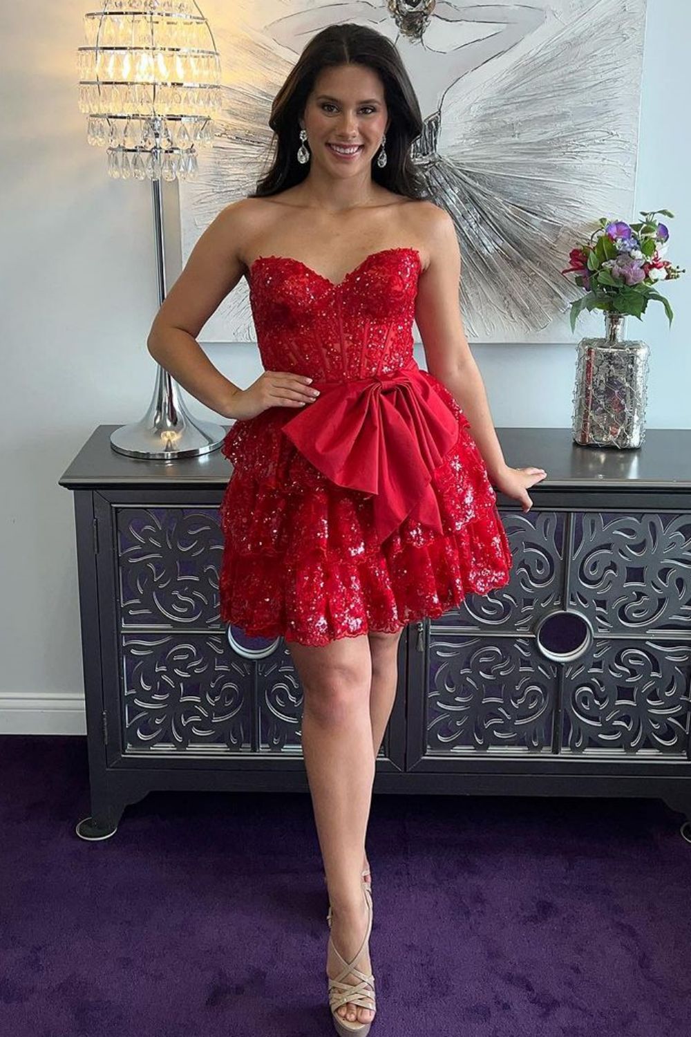 Sparkly Red Sweetheart Tiered Homecoming Dress With Sequin