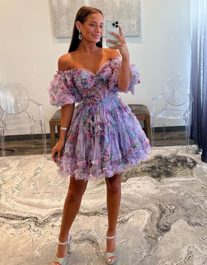 Cute A-Line Short Tulle Print Homecoming Dress
