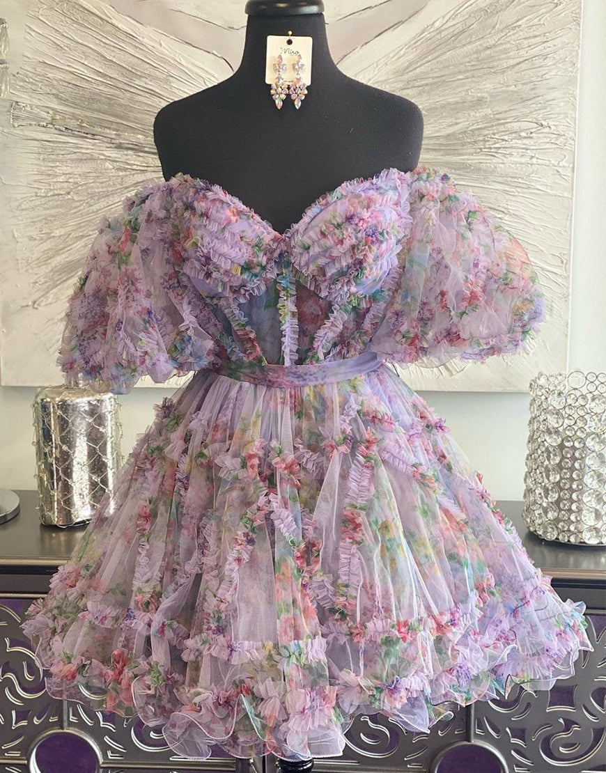 Cute A-Line Short Tulle Print Homecoming Dress