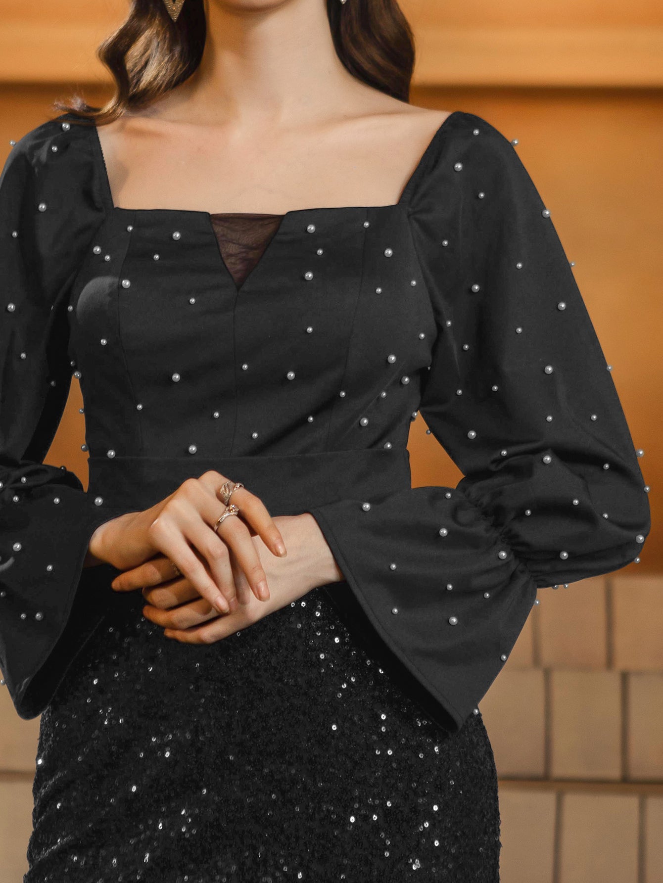 Polka Dots Square Neck Sequin Prom Dress