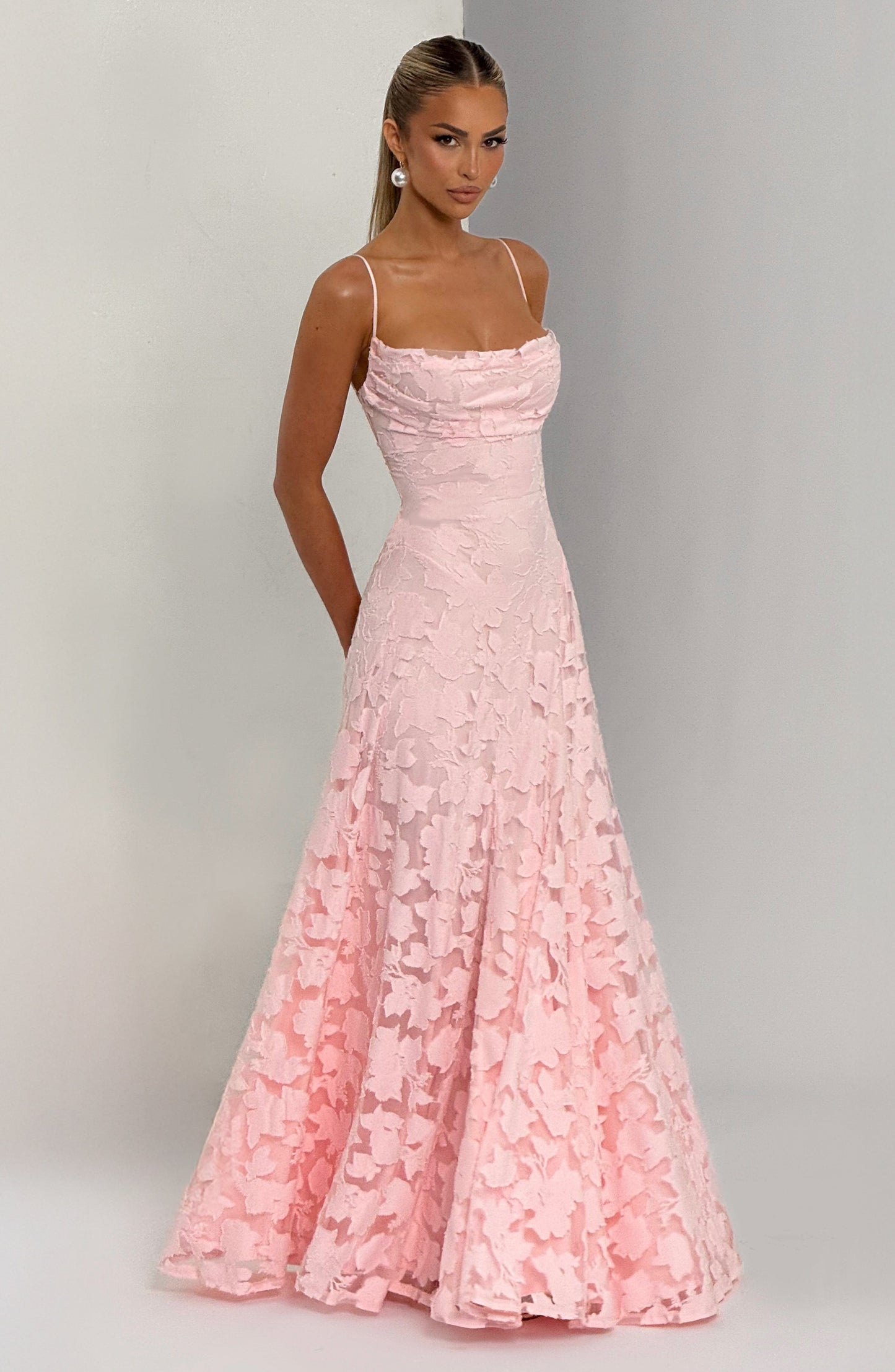 Romantic Pink Floral Gown | Open Back & A-Line Skirt