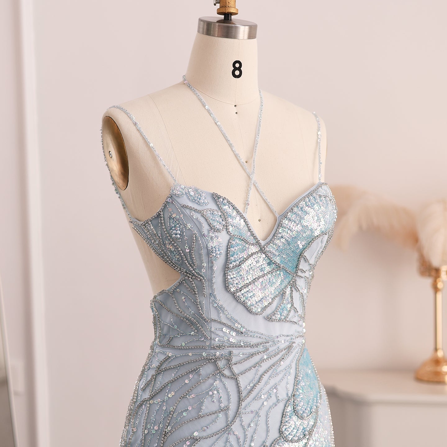 Luxury Pink Evening Dress with Feathers Scarf