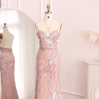 Luxury Pink Evening Dress with Feathers Scarf