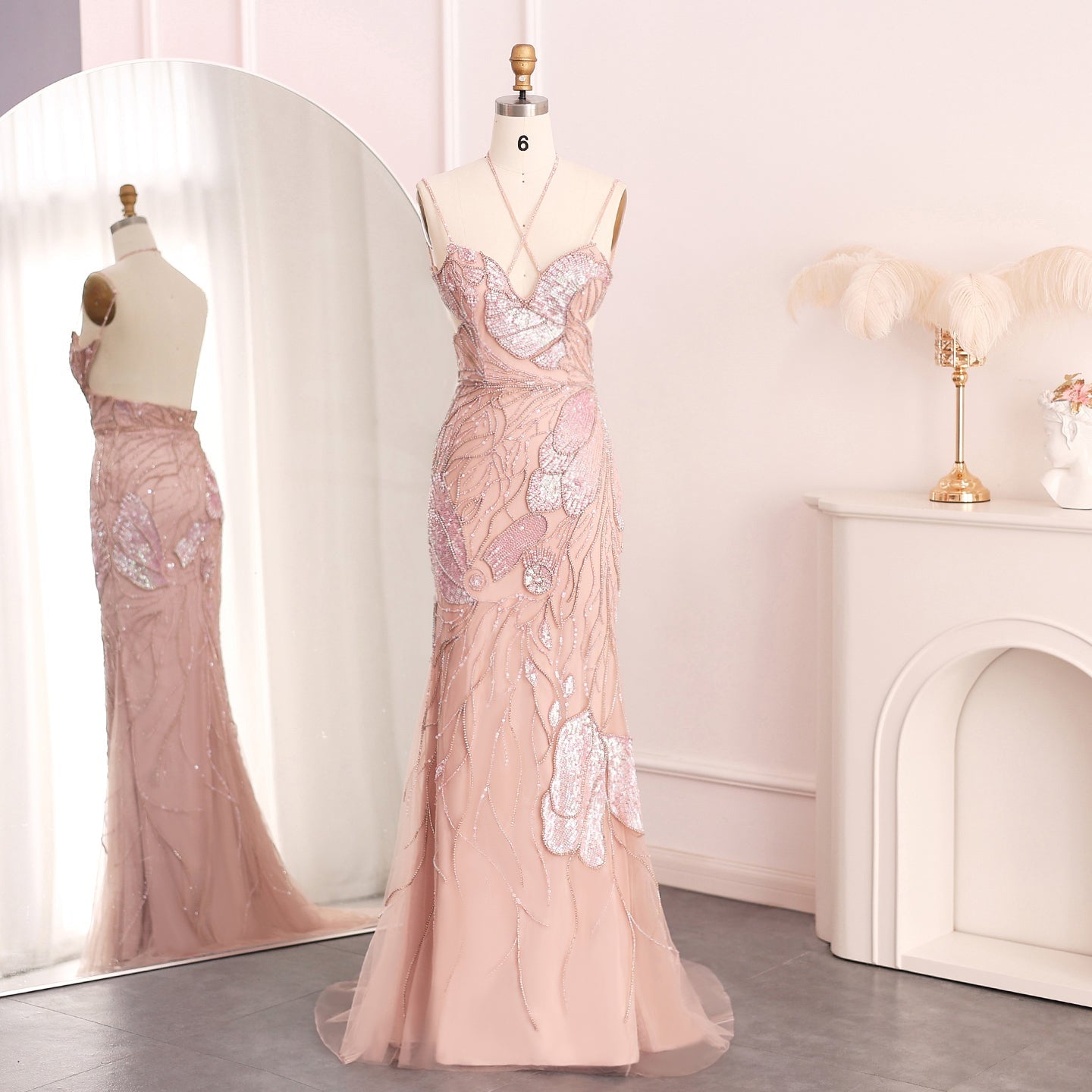 Luxury Pink Evening Dress with Feathers Scarf