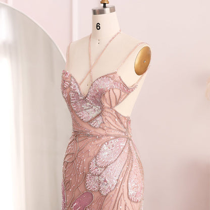 Luxury Pink Evening Dress with Feathers Scarf
