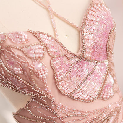 Luxury Pink Evening Dress with Feathers Scarf