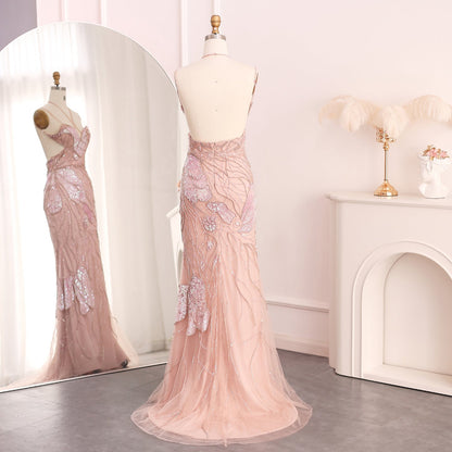Luxury Pink Evening Dress with Feathers Scarf