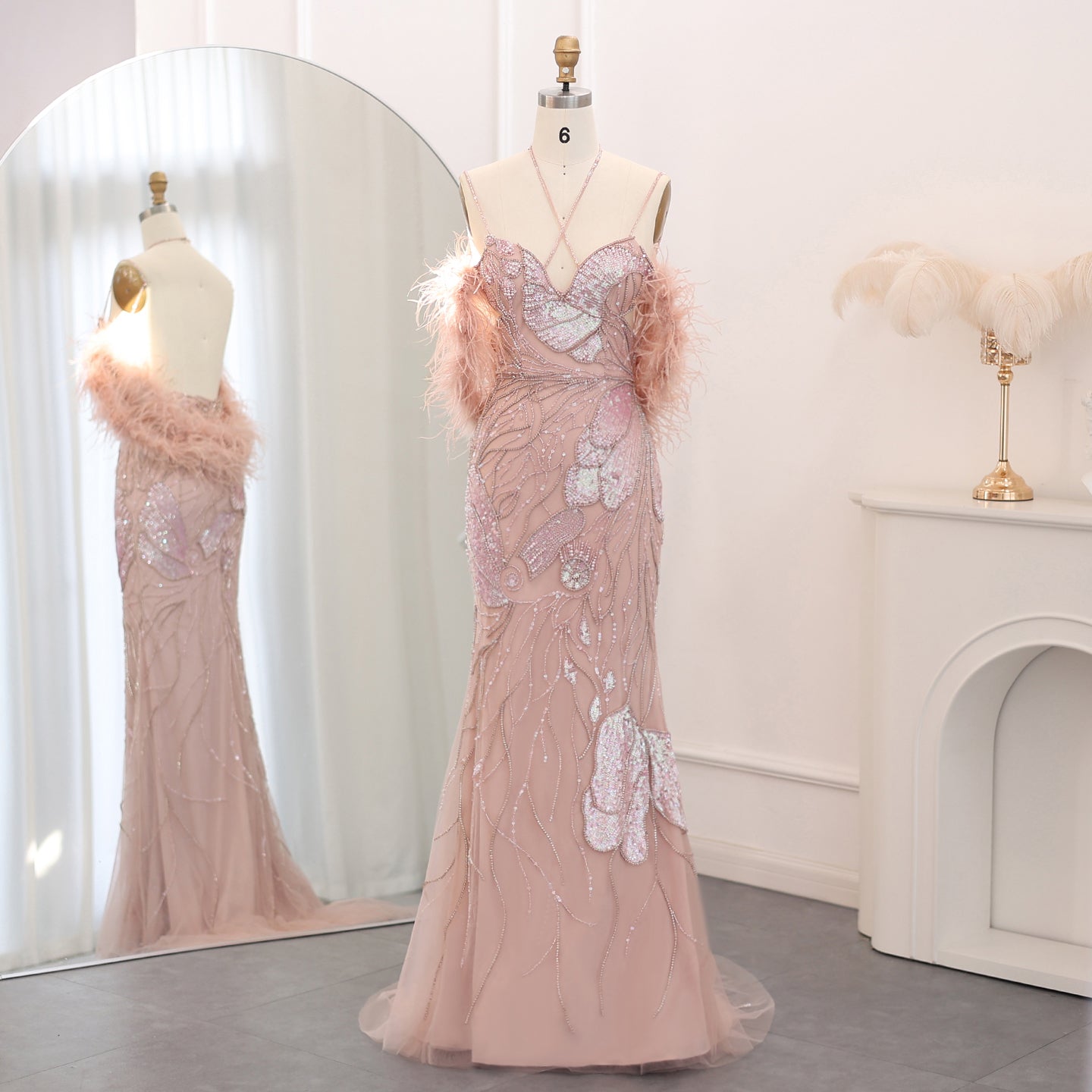 Luxury Pink Evening Dress with Feathers Scarf